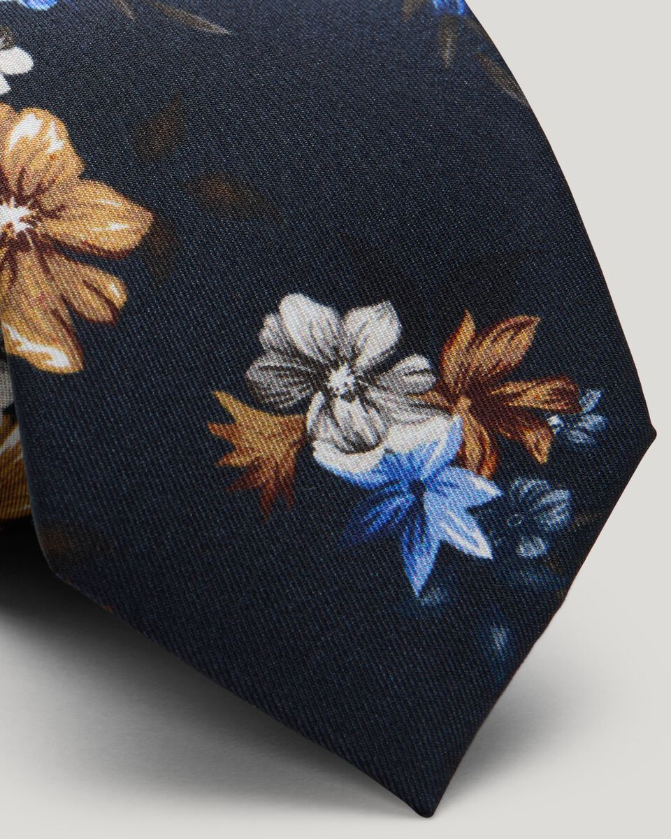 Floral Print Silk Tie, Navy/Tan, hi-res